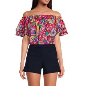 Trina Turk Silia Silk Summer Floral Print Off-The-Shoulder Tiered Sleeve Top